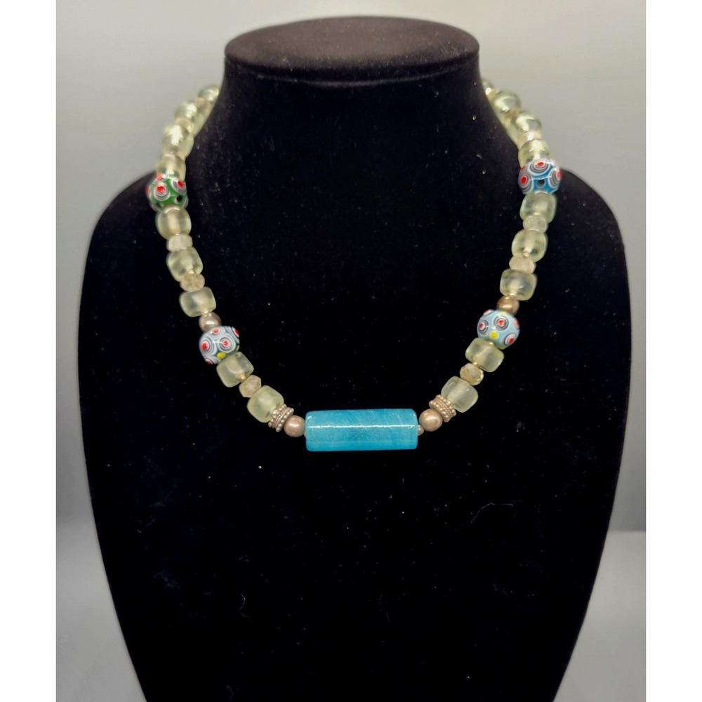 Artisan Blue Stone Millefiori Glass Bead Boho Necklace Silver Tone Hook Clasp